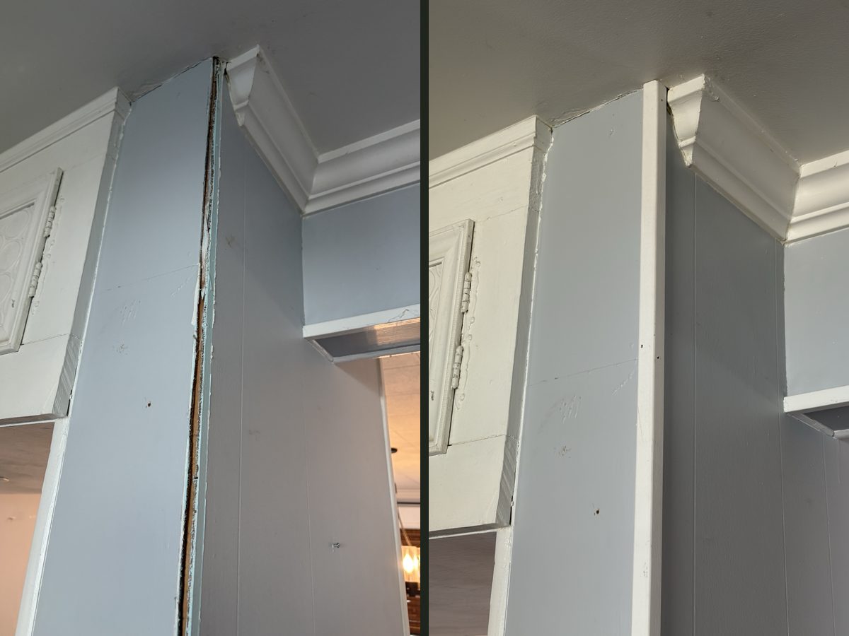 An open, chipped wall corner before, and a clean white corner trim piece after