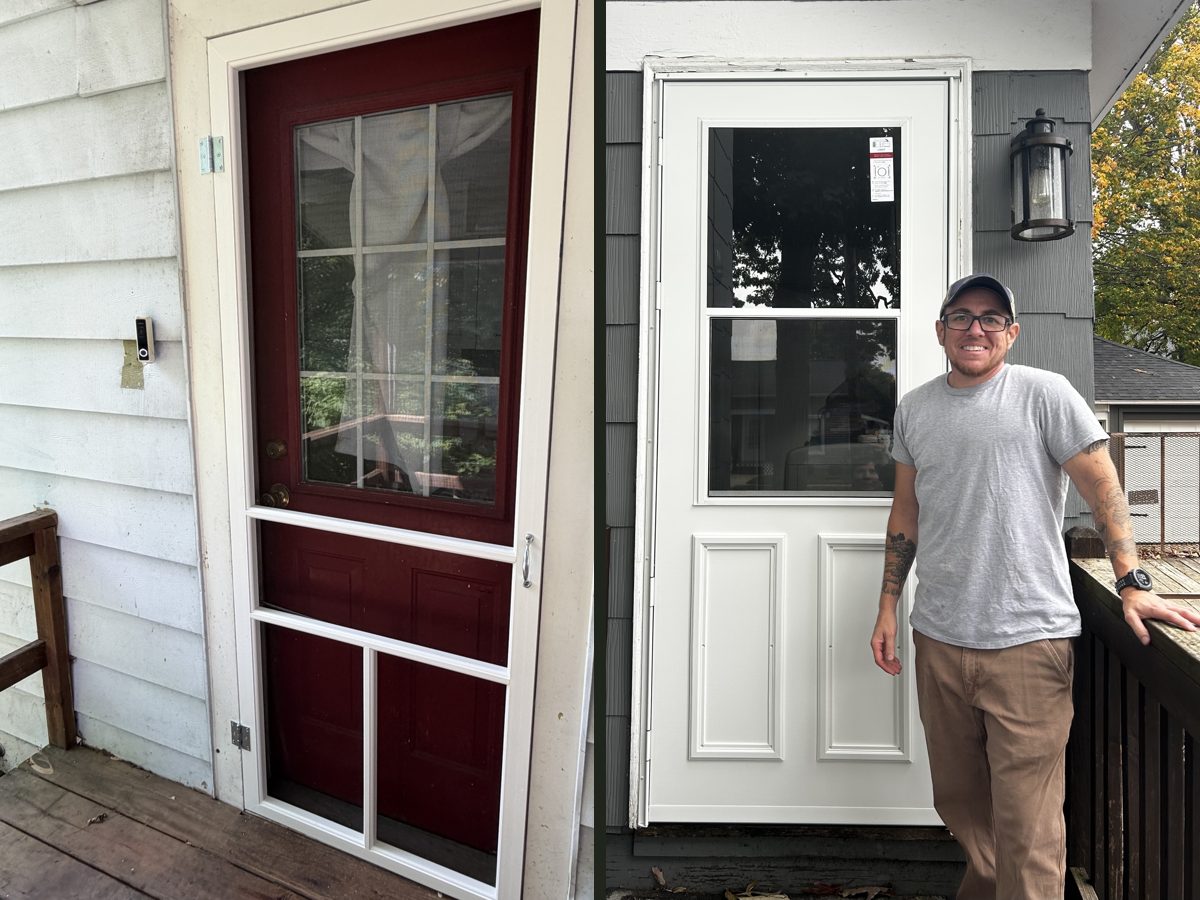 A new white screen door over a red entry door, and a smiling handyman beside a newly installed white storm door