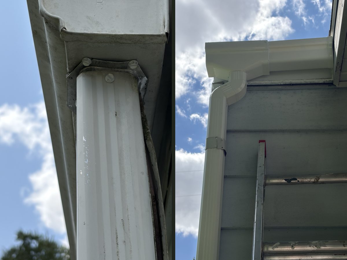 A weathered gutter outlet and downspout, and a clean new gutter outlet, elbow and downspout at the corner of a house
