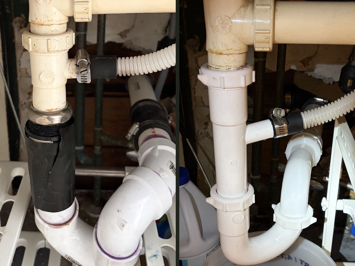 Taped-up, leaking sink drain before, and clean new drain parts after