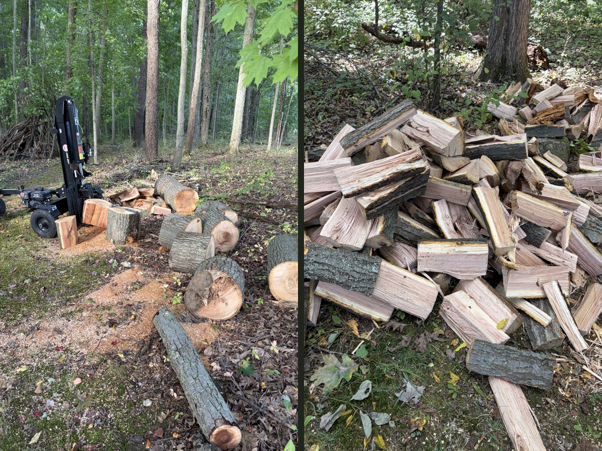 Cut log rounds next to a log splitter before, and a big pile of split firewood after