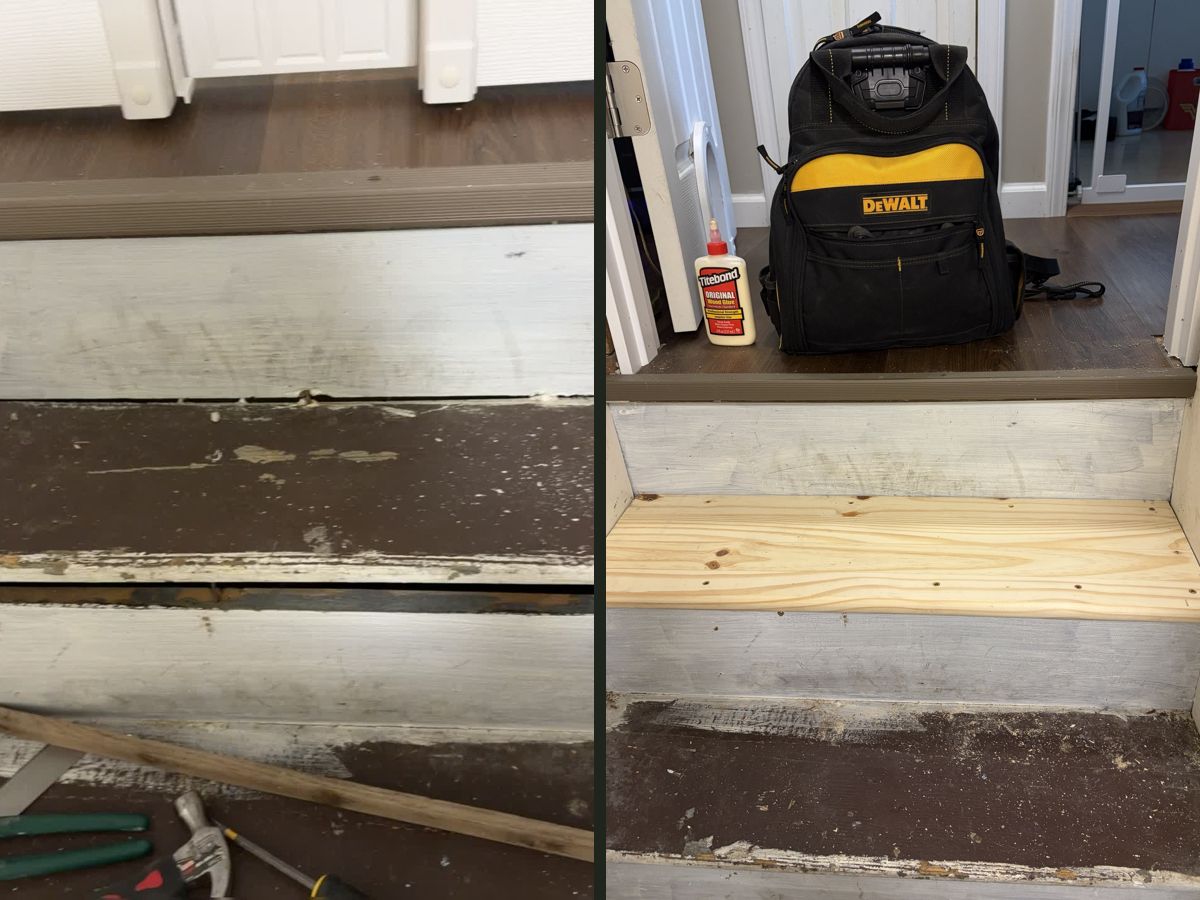 Worn basement stair tread before, and a new pine tread after