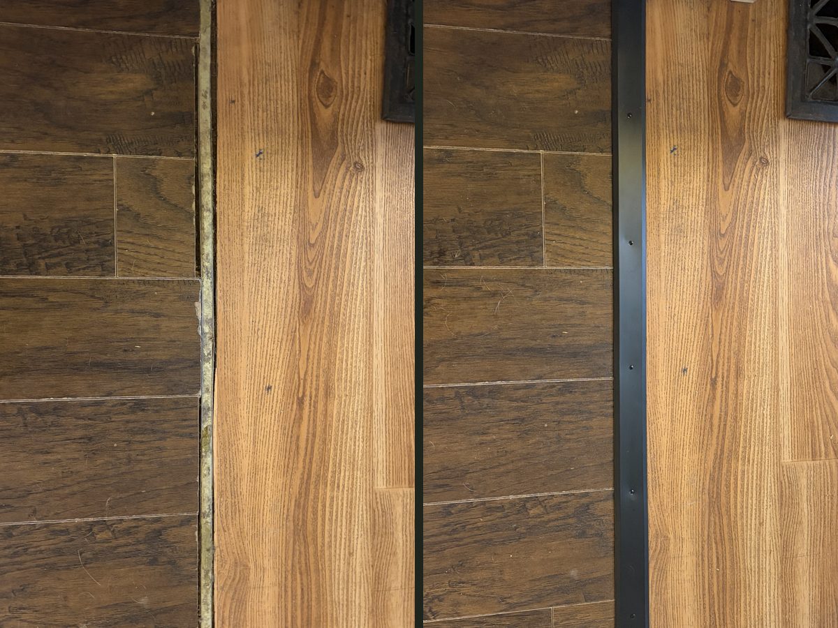 A gap between two floors before, and a black transition strip installed after