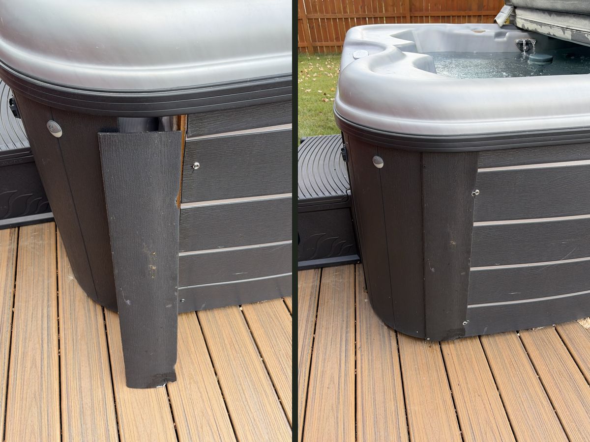 Hot tub corner trim loose before, and fixed after